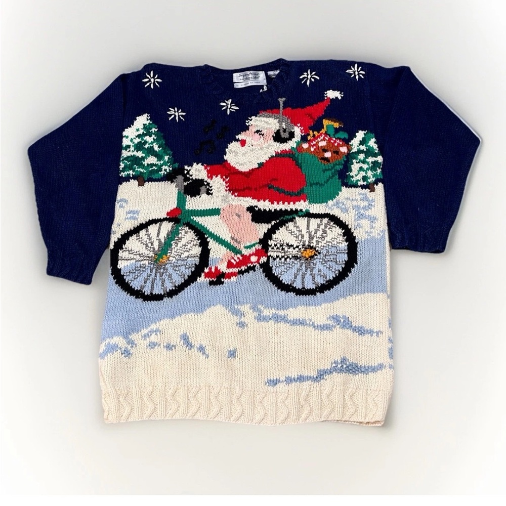 Signatures by Northern Isles Size L Christmas Sweater Hand Knit Santa Bicycle